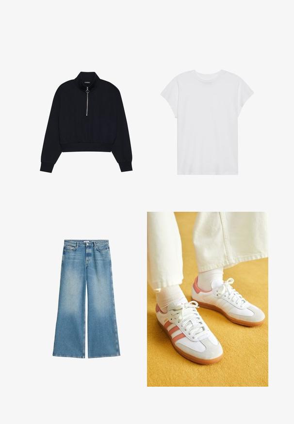 Schwarzer, verkürzter Pullover aus weichem Stoff mit hohem Kragen, einem Frontreißverschluss mit silbernem Zug und gerippten Bündchen und Saum.; Weißes kurzärmliges T-Shirt mit Rundhalsausschnitt, lockerer Passform, aus weichem Baumwollstoff. Glatte Textur, keine Muster oder Logos.; Hellblaue Jeans mit weitem Bein aus Denim, mit einem ausgewaschenen Finish, zwei vorderen Taschen und einem standardmäßigen Knopfverschluss.; Weiße Sportschuhe mit pinken Akzenten, aus Wildleder und Leder, runde Zehenform und Gummisohle, dargestellt mit hellen Socken vor einem gelben Hintergrund.