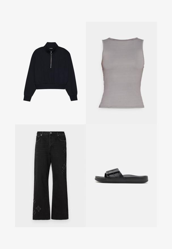 Sort cropped pullover lavet af blødt stof, med en høj krave, en frontlynlås med en sølvfarvet træk, og ribbede manchetter og kant.; ONLY ONLEA CUT OUT - Top - december sky; Sorte denimjeans med vid pasform, prydet med broderede krydsmønstre i en lysere nuance. Fem-lomme design og knaplukning.; Sort sklidesandal med bred rem, justerbart spænde, flad sål og glat mat tekstur. Enkel design uden ekstra mønstre.