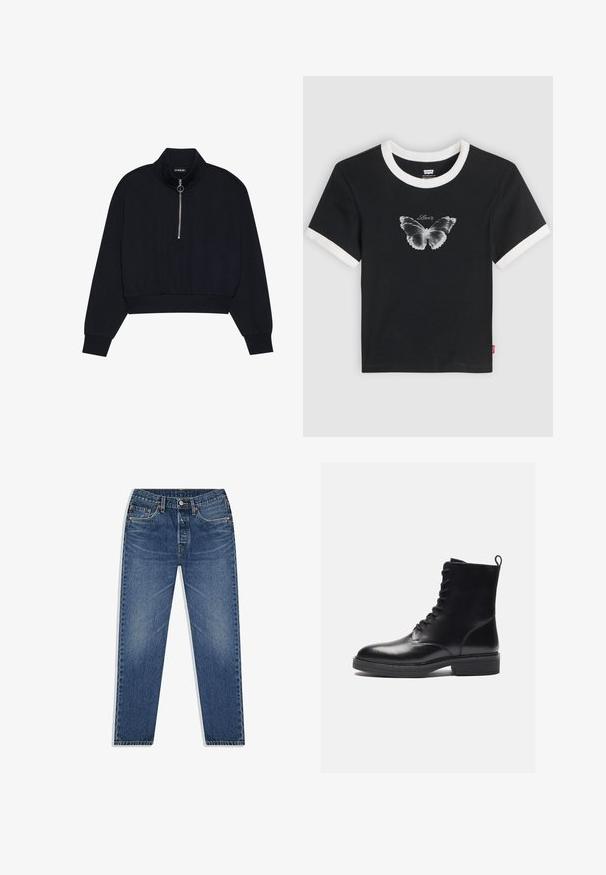 Schwarzer, verkürzter Pullover aus weichem Stoff mit hohem Kragen, einem Frontreißverschluss mit silbernem Zug und gerippten Bündchen und Saum.; Schwarzes kurzärmeliges T-Shirt mit weißem Halsausschnitt und Ärmelabschlüssen. Mit einem Schmetterlingsmotiv und dem Schriftzug "Levi's" in der Mitte. Aus Baumwollstoff.; Blaue Denim-Jeans mit geradem Bein, ausgestattet mit einem Knopf- und Reißverschluss, fünf Taschen und dezenten Abnutzungserscheinungen in der Waschung.; Schwarze Leder-Boots mit rundem Zehenbereich, Schnürverschluss, Zuglasche und strukturiertem Profil. Glatte Oberfläche und minimalistisches Design.