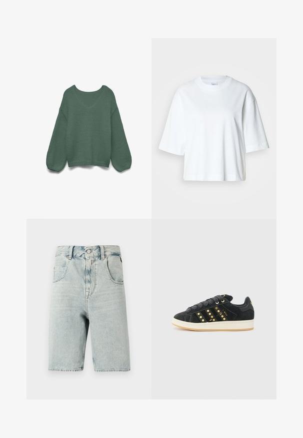 Suéter de punto verde oscuro de manga larga y corte holgado, con cuello en V y puños y dobladillo acanalados.; Camiseta blanca corta con mangas cortas, escote redondo, hecha de material de algodón suave, con un diseño simple y limpio.; Pantalones cortos de mezclilla azul claro con un diseño clásico de cinco bolsillos, cierre con botón y corte recto. Textura descolorida, detalles con dobladillo deshilachado.; adidas Originals CAMPUS 00S W - Zapatillas - core black/carbon/gold-coloured