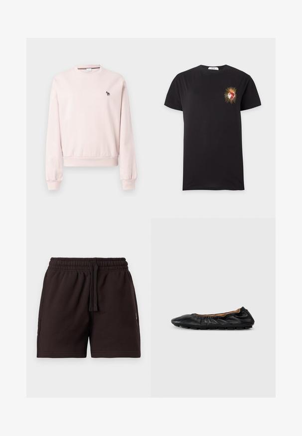Sweatshirt rose à col rond en matériau doux, avec des poignets et un ourlet côtelés. Comprend une petite broderie de zèbre noir et blanc sur la poitrine.; T-shirt noir à manches courtes avec un petit cœur rouge et or sur la poitrine gauche rayonnant des rayons dorés.; Shorts à taille élastique noire avec cordon de serrage, devant plat et poches latérales, présentés sur un fond clair uni.; Ballerines en cuir noir avec des détails froncés au col, bout rond et semelle en caoutchouc flexible. Texture lisse dans l'ensemble.