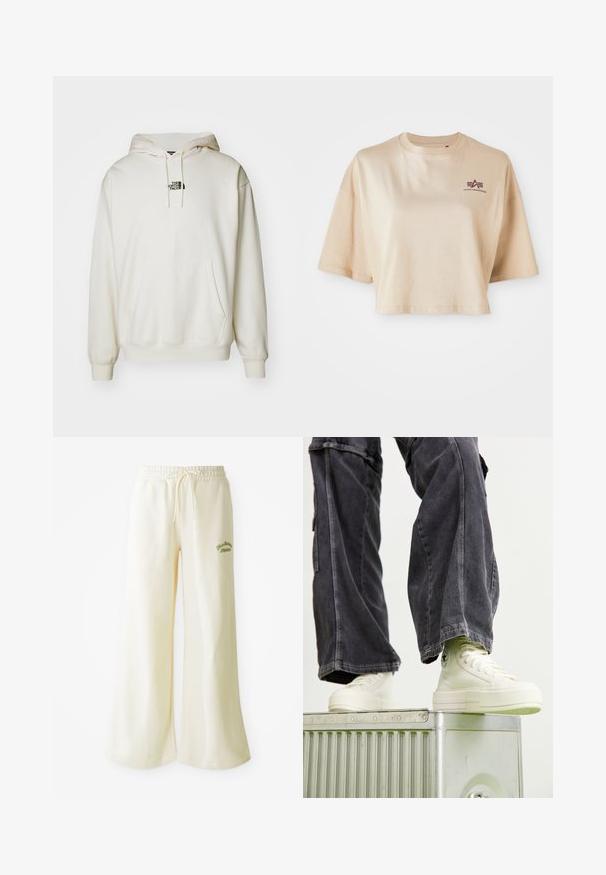 Creme hoodie med frontlomme, justerbar snor i huen og lille sort logo på brystet. Blødt stof og ribbede manchetter.; Beige cropped t-shirt lavet af bomuld, med korte ærmer, en rund halsudskæring og et maroon logo grafik på venstre bryst.; Cremefarvede sweatpants med vide ben, elastisk talje og justerbar snor. Broderet grønt "Athletic" tekst foran. Blødt materiale.; Højtop sneakers i off-white canvas med gummisåler, detaljeret syning og et cirkulært logo, parret med mørkegrå cargo bukser med vidde.
