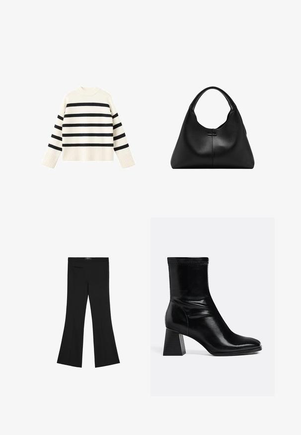 Pull crème avec larges rayures noires, ourlet et poignets côtelés, encolure ronde, et coupe ample, fabriqué en tissu tricoté doux.; Pantalons noirs taille haute avec une légère évasement, détail de couture à l'avant et une petite poche zippée sur le côté gauche.; Bottine en cuir noir avec talon bloc carré et bout arrondi, vue latérale sur fond clair uni.; Sac à main en cuir noir texturé avec une seule anse courbée et un corps large en forme de croissant.