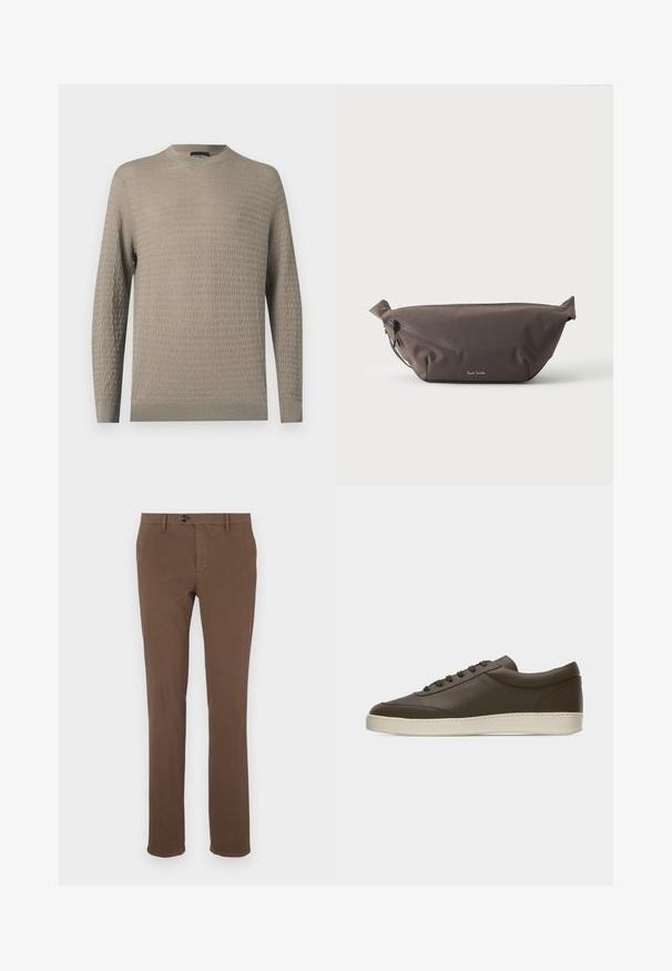 Lysebeige sweater med et struktureret mønster, rund halsudskæring, lange ærmer og ribstrikkede manchetter og kant. Fremstillet af et blødt materiale.; Brune bomuldsbukser med lige ben, der har en frontlynlås og knaplukning, bæltestropper og ingen synlige mønstre eller accenter.; Low-top mørkebrun lædersneaker med snørelukning foran og cremefarvet gummisål, vist fra ydersiden mod hvid baggrund.; Mørkebrun stof talje taske med diagonalt lynlåslomme og lille hvidt logo på fronten, sat mod en ensfarvet lys baggrund.