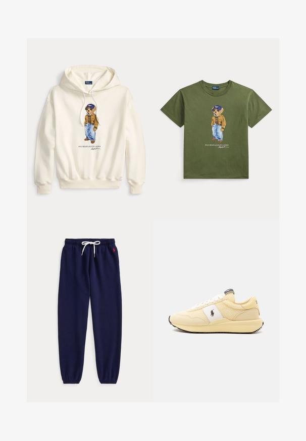Sudadera blanca con capucha con un gráfico de un oso Polo que lleva una chaqueta marrón, vaqueros azules y una gorra azul, con texto "Polo Bear by Ralph Lauren" debajo.; Camiseta verde oliva con un gráfico de un oso que lleva gafas de sol, una gorra, una chaqueta marrón y vaqueros azules, con texto Polo Bear de Ralph Lauren.; Pantalones jogger azul marino con cintura de cordón blanco y puños elásticos, con pequeño logo rojo bordado cerca del bolsillo izquierdo.; Zapatilla beige de malla y ante con cordones blancos, panel lateral blanco con logo negro de caballo y suela beige con dibujo negro.