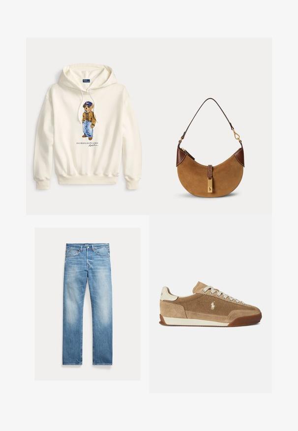 Weißer Hoodie mit einer Polo-Bär-Grafik, die eine braune Jacke, blaue Jeans und eine blaue Kappe trägt, mit dem Text "Polo Bear by Ralph Lauren" darunter.; Hellblaue Straight-Leg-Denim-Jeans mit leichtem Verblassen, Fünf-Taschen-Design und sichtbarem Polo-Markenlabel am Bund.; Hellbraune Wildleder-Sneaker mit niedrigem Profil, cremefarbenen Akzenten, Schnürdesign und Gummisohle. Mit kleinem Logo an der Seite.; Braune Wildleder-Halbmonden-Handtasche mit dunkelbraunen Lederakzenten, goldfarbenen Beschlägen und kurzem Schulterriemen.