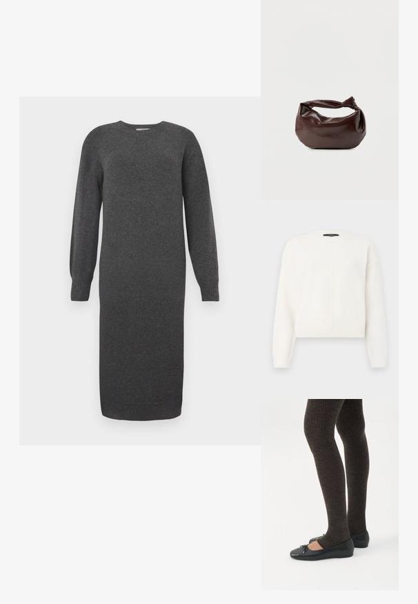 Suéter blanco cortado hecho de una tela suave con cuello redondo, que presenta costuras en los hombros caídos y un detalle de costura vertical en la parte delantera.; Vestido de punto gris oscuro con mangas largas, escote redondo y puños acanalados. Largo hasta la mitad de la pantorrilla y textura suave. Diseño sencillo sin patrones.; Piernas con leggings oscuros acanalados combinados con bailarinas negras que presentan pequeños detalles de lazo sobre un fondo blanco.; Bolso de hombro de cuero marrón oscuro con una forma suave y caída, y un asa con nudo torcido sobre un fondo blanco liso.