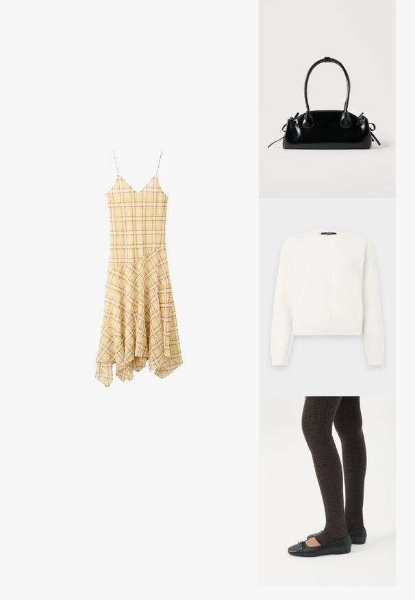 Pull blanc cropped en tissu doux avec un col rond, présentant des coutures d'épaule tombantes et un détail de couture verticale sur le devant.; Robe sans manches à carreaux jaunes avec fines bretelles et ourlet asymétrique à volants.; Jambes portant des leggings côtelés foncés associés à des ballerines noires avec de petits détails en nœud sur fond blanc.; Petit sac à main noir brillant avec deux longues anses et des détails à cordon sur les côtés sur un fond clair uni.