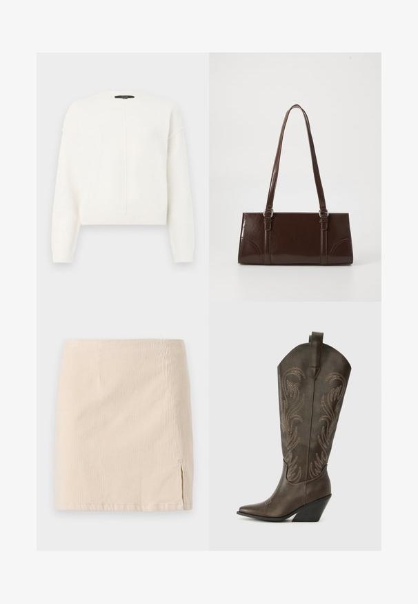 Pull blanc cropped en tissu doux avec un col rond, présentant des coutures d'épaule tombantes et un détail de couture verticale sur le devant.; Jupe mini en velours côtelé beige avec une texture à côtes verticales, dotée d'une fente sur le côté pour un détail supplémentaire. L'ourlet est droit et cousu de manière uniforme.; Botte de cowboy en cuir marron avec un embout pointu, un talon compensé et des broderies décoratives. Dispose d'un long tige et d'une languette de tirage.; Sac à main en cuir verni marron de forme rectangulaire, avec deux longues poignées et des accents courbés subtils à l'avant.