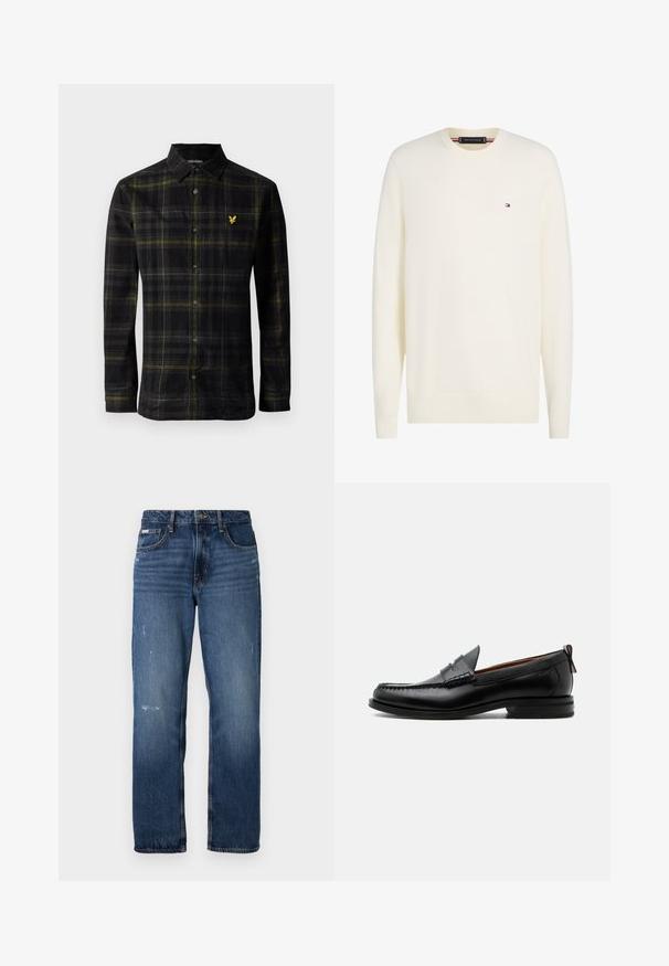 Kremfarvet langærmet crew neck trøje med lille Tommy Hilfiger flag logo på venstre bryst og ribstrikkede manchetter og kant.; Sort langærmet skjorte med knapper og mønster i gul og grå tern, krave, og lille gul broderet fuglelogo på brystet.; Blå denim jeans med lige ben design. Har slidte områder og let slitage på forsiden, med en klassisk knaplukning.; Sort læder herre loafer med moc-tå syning, penny strop, struktureret krave og lav stablet hæl på hvid baggrund.