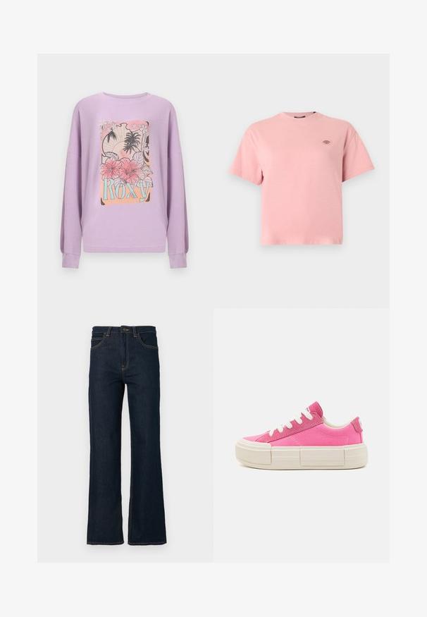 Camisa de manga larga lavanda con diseño de flores tropicales y palmeras, con la palabra "ROXY" en tonos azul y rosa en el centro delantero.; Camiseta unisex de manga corta en color rosa con un pequeño parche de logo rectangular en el lado izquierdo del pecho, mostrada sobre un fondo liso.; Jeans de mezclilla rectos de color azul oscuro con bolsillos frontales, pasadores para cinturón y un cierre de botón en la cintura sobre un fondo blanco.; Zapatillas de lona rosas con suelas de goma blanca, cordones planos y un diseño de plataforma ligeramente elevada. Detalles minimalistas en los laterales.