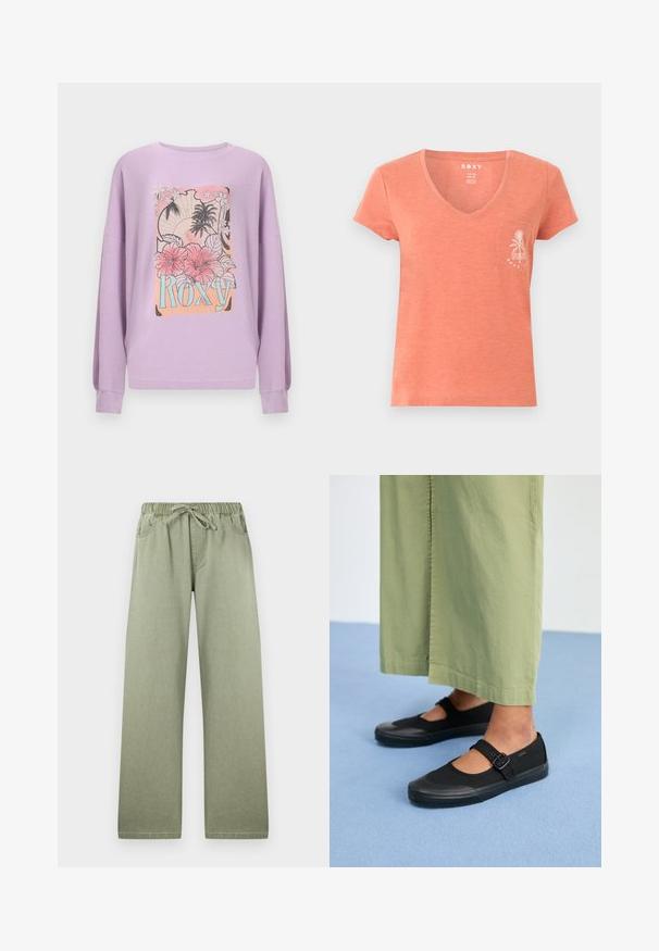 Lavendelfarbenes Langarmhemd mit tropischem Blumen- und Palmenmuster, das Wort "ROXY" in Blau- und Pinktönen in der vorderen Mitte.; Damen-T-Shirt mit kurzen Ärmeln und V-Ausschnitt in Korallenfarbe, mit einer kleinen Tasche auf der linken Brust, die ein weißes Grafikmotiv mit Palme und Welle zeigt.; Hellgrüne, weit geschnittene Hose mit elastischem Bund und Kordelzug, vorderen Taschen und dezenten Nahtdetails.; Schwarze Leinenschuhe mit runder Spitze, Gummisohle und einer Schnallenriemen. Kombiniert mit lockeren, hellgrünen Hosen.