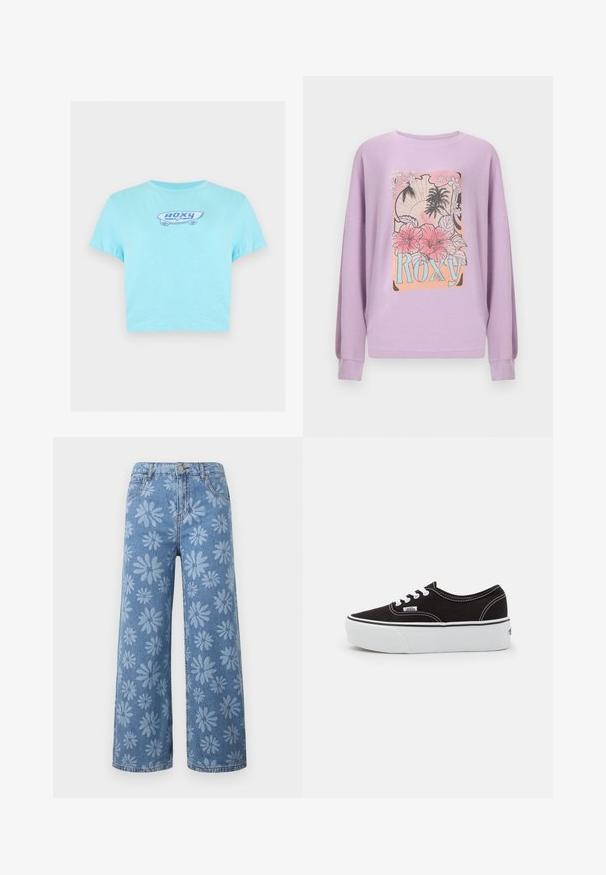 Chemise à manches longues lavande avec motif floral tropical et palmiers, le mot "ROXY" en tons bleus et roses au centre avant.; T-shirt court bleu clair avec un petit motif skateboard et le texte "ROXY" centré sur la poitrine.; Jean en denim bleu à jambes larges avec un motif floral de marguerites bleu clair, poches avant, passants pour ceinture et fermeture par bouton.; Baskets en toile noires avec une semelle en caoutchouc blanc, dotées de lacets et de coutures blanches, marquage emblématique sur le côté, design basse.