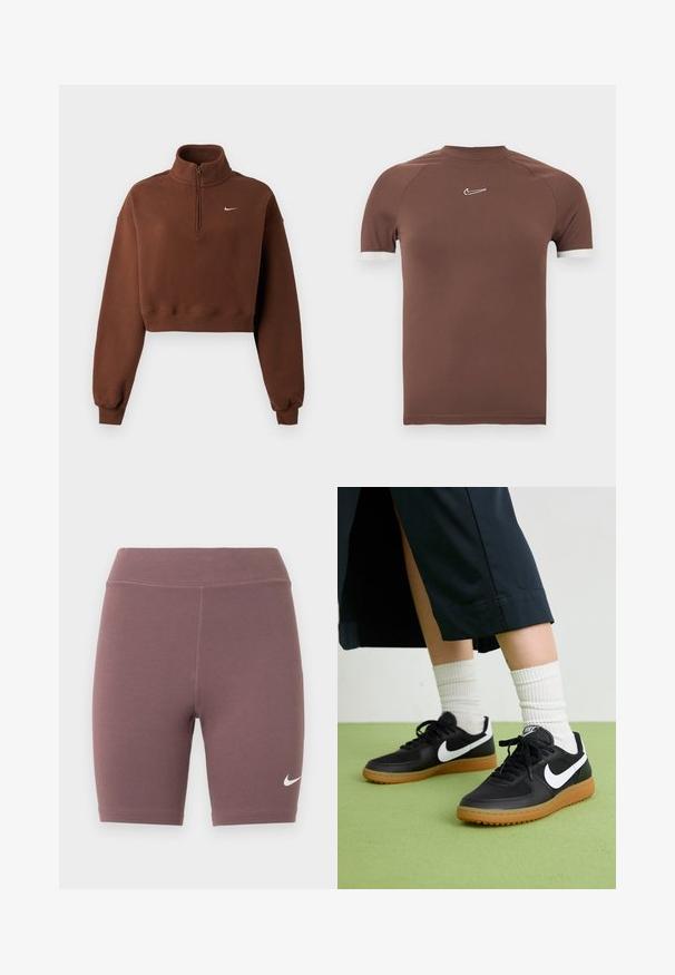 Brun cropped sweatshirt med lange ærmer, kvart lynlås ved kraven, ribstrikkede manchetter og kant, med lille hvidt Nike-logo på brystet.; Brun kortærmet skjorte lavet af glat stof med høj halsudskæring og hvide detaljer ved ærmekanterne, med en lille logo på brystet.; Bikershorts i en afdæmpet mauvefarve, lavet af elastisk stof. Har en høj talje og en lille hvid Nike swoosh-logo.; Sorte læder- og syntetiske sneakers med hvid Nike swoosh, gummisål, rund tå og sorte snørebånd. Ribbede hvide sokker synlige.