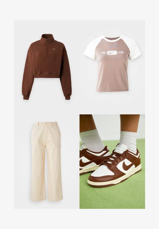Bruine cropped sweatshirt met lange mouwen, kwart ritssluiting kraag, geribde boorden en zoom, met klein wit Nike-logo op de borst.; Korte mouwen t-shirt met een lichtbruine body en witte raglanmouwen, met een groot wit grafisch logo en het jaar "1972" gecentreerd op de voorkant.; Lichtbeige wijde broek van katoen met een gladde textuur, voorzien van een sluiting met een knoop aan de voorkant en zijzakken.; Bruine en witte leren sneakers met perforaties bij de teen, getextureerde accenten en platte veters. Het model heeft een lage schacht en een rubberen zool.