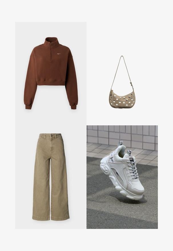 Brun cropped sweatshirt med lange ærmer, kvart lynlås ved kraven, ribstrikkede manchetter og kant, med lille hvidt Nike-logo på brystet.; Højttaljede, olivengrønne bukser med vide ben, forrest med knap- og lynlåslukning, bæltestropper og sidelommer.; Hvide sneakers med mesh- og lædermaterialer, rund tå, tyk sål, fremtrædende snørebånd og branding på hælen og tungen.; Beige skuldertaske i halvmåneform med justerbar rem, dekoreret med jævnt fordelte store sølvfarvede metalnitter på forsiden og siderne.