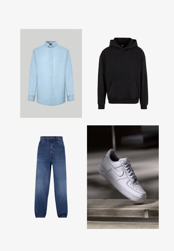 Urban Classics Mikina s kapucňou - black; Svetlo modrá denimová košeľa s dlhými rukávmi, s golierom na gombíky, prednými gombíkmi a jemnou, rovnomernou textúrou. Bez vzorov alebo ďalších akcentov.; Džínsy v tmavomodrej farbe. Vysoký pás s voľným strihom. Obsahuje predné vrecká a jemný efekt vyblednutia na nohách.; Biely kožený teniska Nike Air Force 1 má perforovanú špičku, ploché šnúrky a štruktúrovanú gumovú podrážku s nápisom „AIR“ na boku.