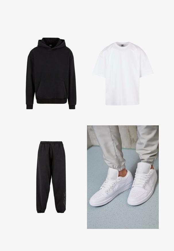 Urban Classics Mikina s kapucňou - black; Biele tričko s krátkym rukávom a okrúhlym výstrihom, vyrobené z bavlnenej látky, s voľným strihom a minimálnymi švami.; Čierne teplákové nohavice vyrobené z mäkkého materiálu s elastickým pásom. Zužujúce sa členky a potlač na jednej strane. Neformálny, voľný strih.; Biele kožené tenisky majú perforovaný špičku, ploché šnúrky, polstrovaný golier a logo Jordana na jazyku. Nosia sa s šedými joggermi.
