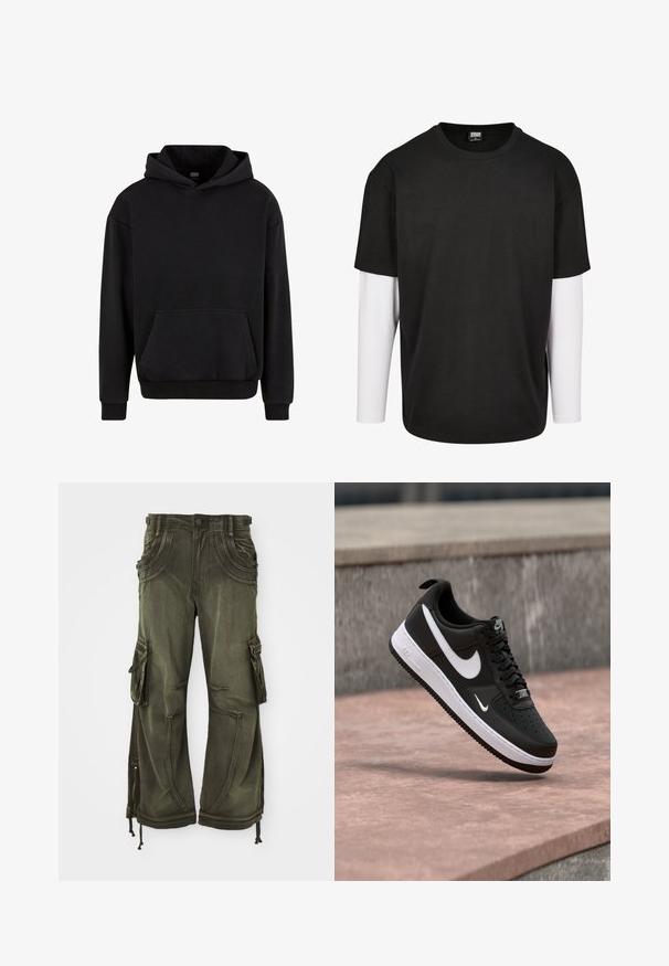 Urban Classics Jersey con capucha - black; Camiseta negra de manga corta con una capa de manga larga blanca debajo. Hecha de algodón, con un cuello redondo y un corte relajado.; Pantalones cargo verde oliva de algodón con un corte holgado, que cuentan con bolsillos laterales, cremalleras en los tobillos y cordones en el dobladillo.; Zapatilla Nike Air Force 1 en blanco y negro suspendida sobre una superficie de concreto rosa con un fondo de piedra gris.