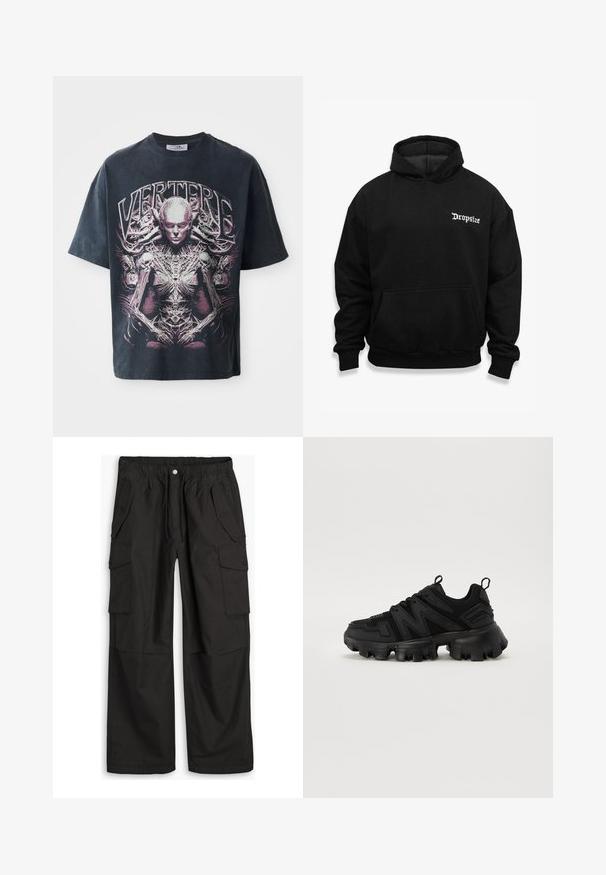 Sort hættetrøje med kangaroo-lomme, prydet med hvid "Dropsize" tekst på venstre bryst, lavet af blødt stof med ribbede ærmer.; Sort grafisk t-shirt lavet af bomuld, med et stort pink og hvidt design af en humanoid figur med intrikate detaljer og teksten "VERTERE."; Sorte cargo-bukser med elastisk talje, knap- og lynlåslukning samt flere klaplommer med knapper foran og på siderne.; Sort sneakers med en tekstureret meshuvdel, tyk sål og et unikt snørresystem. Har buede gummidetaljer og en løkke-pull tab.