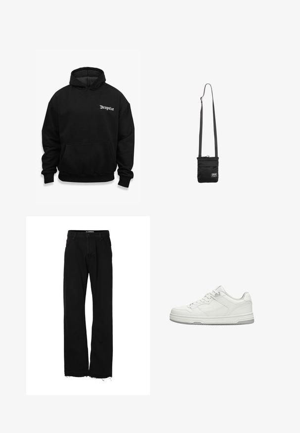 Sweat à capuche noir avec poche kangourou, arborant le texte "Dropsize" en blanc sur la poitrine gauche, fabriqué en tissu doux avec des poignets côtelés.; Pantalon noir droit avec fermeture bouton et zip, poches avant et ourlets légèrement effilochés.; Baskets basses blanches avec lacets à l'avant, coutures détaillées et semelle en caoutchouc grise sur fond blanc.; Sac banane noir avec sangle réglable et petite étiquette logo rectangulaire blanche sur la partie inférieure avant.