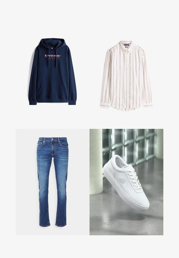 Navyblauer Kapuzenpulli aus Baumwollmischung, mit einer Fronttasche, Kordelzug-Kapuze und "Tommy Jeans"-Logo in Rot und Weiß auf der Brust.; Weißes Hemd mit Knopfleiste, vertikalen roten und blauen Streifen, langen Ärmeln und Standardkragen. Verfügt über einen abgerundeten Saum und klassische Knöpfe.; Blaue Denim-Jeans mit ausgewaschenen Effekten, Frontknopf- und Reißverschluss sowie Fünf-Taschen-Design vor weißem Hintergrund.; Weißer Sneaker mit niedrigem Schaft, Schnürdesign und eingeprägtem Krokodil-Logo, platziert auf einem grauen, polierten Boden vor einer Glassteinwand.
