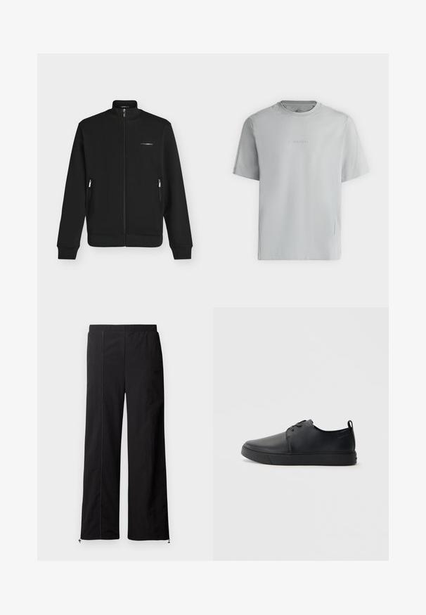 Schwarze Jacke mit durchgehendem Reißverschluss, Stehkragen, Reißverschlusstaschen an den Seiten, gerippten Bündchen und Saum und kleinem weißem Markenlogo auf der linken Brust.; Hellgraues T-Shirt mit kurzen Ärmeln, Rundhalsausschnitt und geprägt "Calvin Klein" Logo mittig auf der Brust.; Schwarze weit geschnittene Hosen mit glatter Textur, elastischem Bund und Kordelzugverschluss an den Knöcheln. Verfügt über kontrastierende Steppnähte.; Schwarze Leder-Sneaker mit glatter Oberfläche, abgerundeter Zehenpartie, gleichfarbiger Nähte, schnürbarem Vorderteil und flacher Gummisohle. Schlaufe an der Ferse.