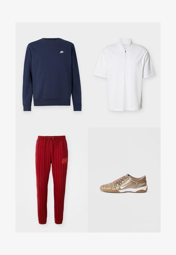Tmavomodrá mikina vyrobená z mäkkého materiálu, s okrúhlym výstrihom a dlhými rukávmi, s malým bielym logom Nike na hrudi.; Biela krátka košeľa s krátkym rukávom, stojatým golierom a polovičným zipsom vpredu, vyrobená z hladkej, ľahkej látky.; Červené pruhované tepláky s elastickým pásom a šnúrkou. Obsahujú vyšívaný nápis "JUST DO IT" v oranžovej farbe. Mäkká tkanina s úzkym strihom nohavíc.; Futbalové kopačky Nike Total 90 III v metalickej zlatej farbe s bielym logo Swoosh, s hladkou textúrou, šnurovacím dizajnom a gumovou podrážkou.