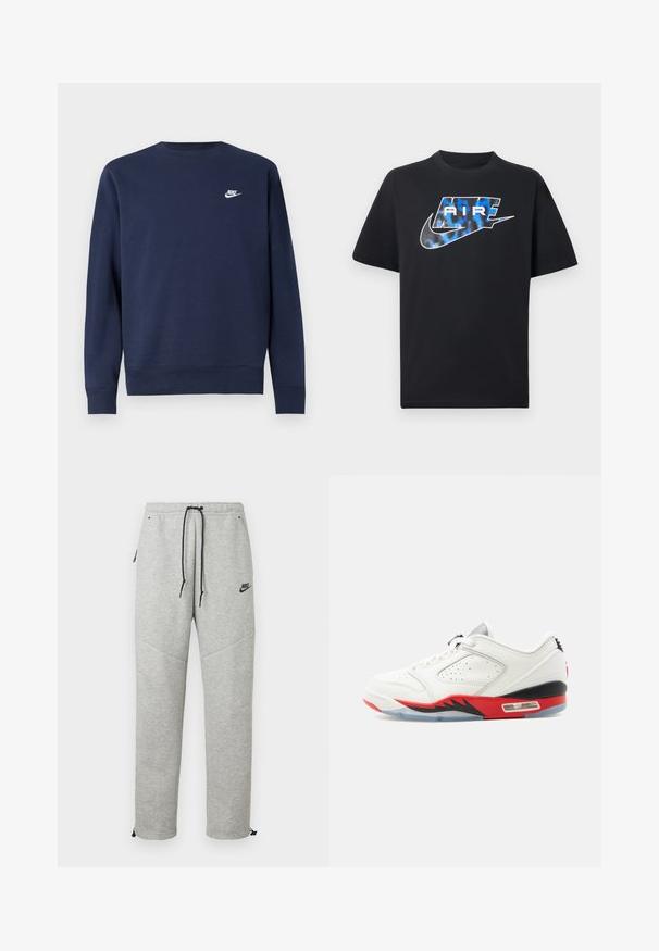 Tmavomodrá mikina vyrobená z mäkkého materiálu, s okrúhlym výstrihom a dlhými rukávmi, s malým bielym logom Nike na hrudi.; Čierne tričko s krátkym rukávom s modrým a bielym štýlizovaným nápisom „AIR“ a logom Nike swoosh na hrudi.; Šedé Nike tepláky so sťahovacím pásom, bočnými vreckami a elastickými manžetami. Majú hladkú textúru a kontrastný čierny logotyp.; Biela nízka teniska s červenou a čiernou medzipodrážkou, perforovaným bočným panelom, viditeľnou vzduchovou vložkou a priehľadnou podrážkou na svetlom pozadí.