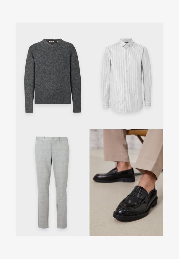 Pull en laine gris avec un col rond et des manches longues. Tissu en maille texturée et bords côtelés aux poignets et à l'ourlet. Design simple et classique.; Chemise de dress à manches longues rayée en blanc et gris clair, col avec fermeture à boutons, présentant des poignets rayés contrastants et une texture douce.; Pantalon de costume gris slim-fit en tissu texturé. Équipé d'une taille standard avec fermeture à bouton et poches latérales.; Mocassins en cuir noir avec une finition lisse, ornés d'une sangle décorative et de coutures contrastées, associés à un pantalon beige.