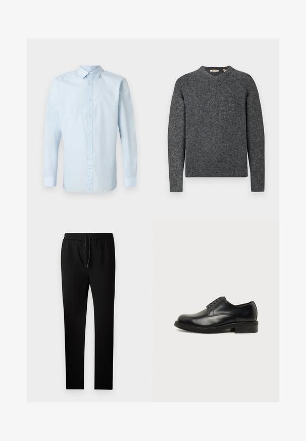Suéter de lana gris con cuello redondo y mangas largas. Tejido de punto texturizado y puños acanalados en las muñecas y el dobladillo. Diseño simple y clásico.; Camisa de manga larga azul claro hecha de tela suave, con frente de botones, cuello estándar y puños abotonados.; Pantalones de chándal negros con un corte ajustado, cintura elástica y cordón. Hechos de una tela suave con una textura lisa y sin patrones visibles.; Zapato de vestir de hombre de cuero negro pulido con cordones cerrados, punta redonda y tacón bajo sobre un fondo liso claro.