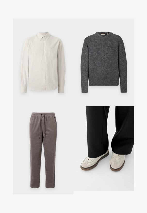 Grå uldtrøje med rund halsudskæring og lange ærmer. Struktureret strikstof og ribbede manchetter ved håndledene og i kanten. Enkel, klassisk design.; Button-up skjorte i lys beige med tynde lodrette striber, lange ærmer, krave og en enkelt brystlomme. Blødt stof med en glat tekstur.; Buks af corduroy i en dæmpet taupe farve, med elastisk talje og snøre samt tapered ben med lodret ribbet tekstur.; Fødder iført beige sneakers med brune såler og sorte bukser med vide ben på hvid baggrund.