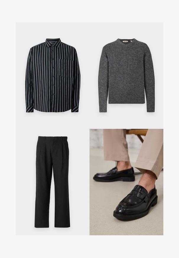 Grå uldtrøje med rund halsudskæring og lange ærmer. Struktureret strikstof og ribbede manchetter ved håndledene og i kanten. Enkel, klassisk design.; Sort button-up skjorte med blå lodrette striber, lange ærmer, krave og en brystlomme. Glat stof, afslappet pasform, standard knapper.; Jack & Jones Classic Wide Leg Fit - Bukser - black; Sorte lædermokkasiner med en glat overflade, der har en dekorativ rem og kontraststing, parret med beige bukser.