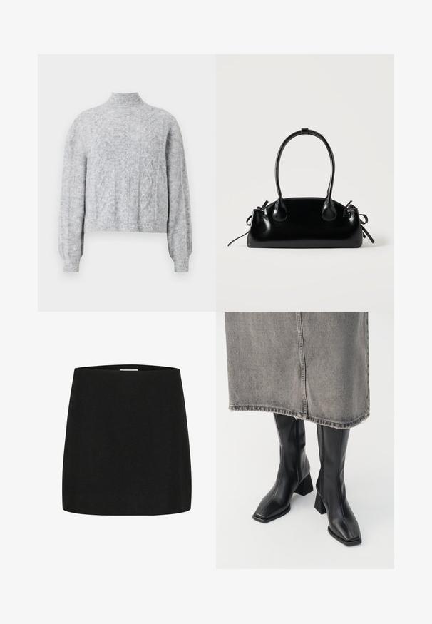 Lys grå strikket sweater med høj krave, cropped design, struktureret mønster og ribbede manchetter. Blødt stof med en løs pasform.; Sort mini-skjorte lavet af tekstureret stof, med en simpel, lige skæring uden synlige udsmykninger eller mønstre.; Sorte knæhøje støvler i glat læder med firkantet tå og blokeret hæl. Båret med en grå denimnederdel med flosset kant.; Lille sort blank håndtaske med to lange håndtag og snøre-detaljer i siden på en ensfarvet lys baggrund.