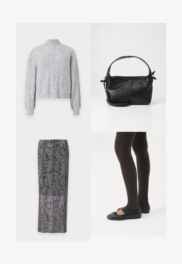 Lys grå strikket sweater med høj krave, cropped design, struktureret mønster og ribbede manchetter. Blødt stof med en løs pasform.; Maxi nederdel med leopardmønster i sort og grå, der har en lige silhuet og let stof med gennemsigtig tekstur.; Ben iført mørke ribbede leggings kombineret med sorte balletsko med små sløjfedetaljer på hvid baggrund.; Sort læderhåndtaske med et struktureret design, rund tophåndtag og aftagelig skulderrem. Den har en glat tekstur og en subtil glans.