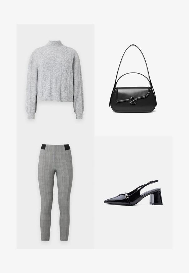 Lys grå strikket sweater med høj krave, cropped design, struktureret mønster og ribbede manchetter. Blødt stof med en løs pasform.; Grå ternede leggings med en tætsiddende pasform, der har en sort elastisk talje og sidelommer. Tekstureret stof med et ternet mønster.; Sort laklæder slingback-hæl med spids tå, lav blokhæl og to små sølvspænder på stropperne.; Sort skuldertaske i læder med en buet klap, der er fastgjort med en rund metal spænde, og en slank, justerbar rem.