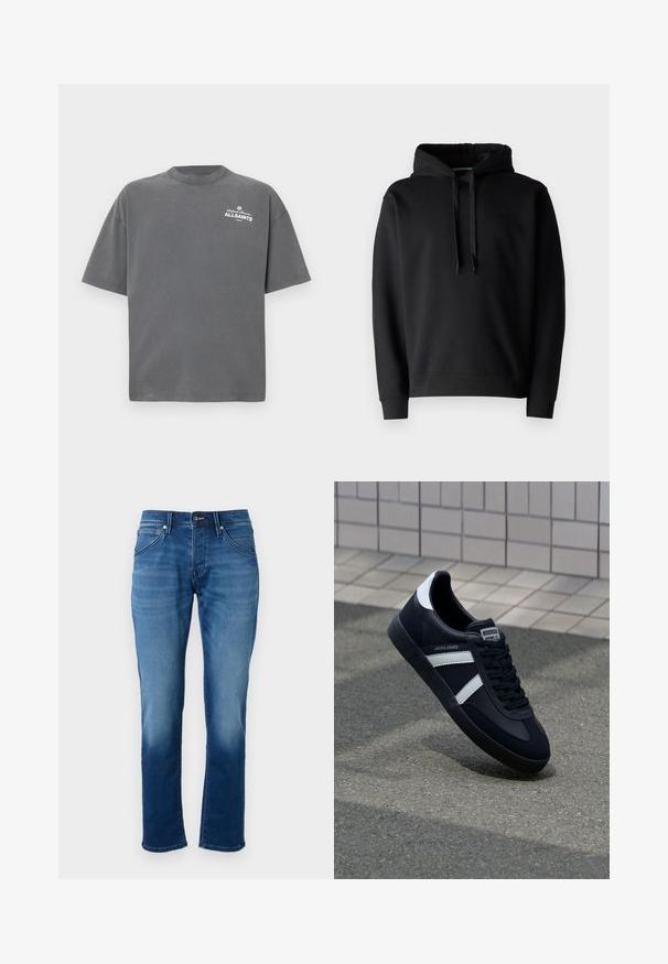 Sudadera con capucha negra hecha de tejido suave, cuenta con un bolsillo canguro, puños acanalados y un cordón ajustable en la capucha.; Camiseta de manga corta de color gris oscuro con cuello redondo y pequeño logo blanco "ALLSAINTS" en la parte superior izquierda del pecho.; Jeans de mezclilla azul con corte recto, textura suave, cinco bolsillos y cierre de botón. La tela presenta un efecto de lavado descolorido.; Zapatilla de cuero negra con rayas blancas, suela de goma texturizada y parte frontal con cordones. Cuenta con una etiqueta de marca en la lengüeta.
