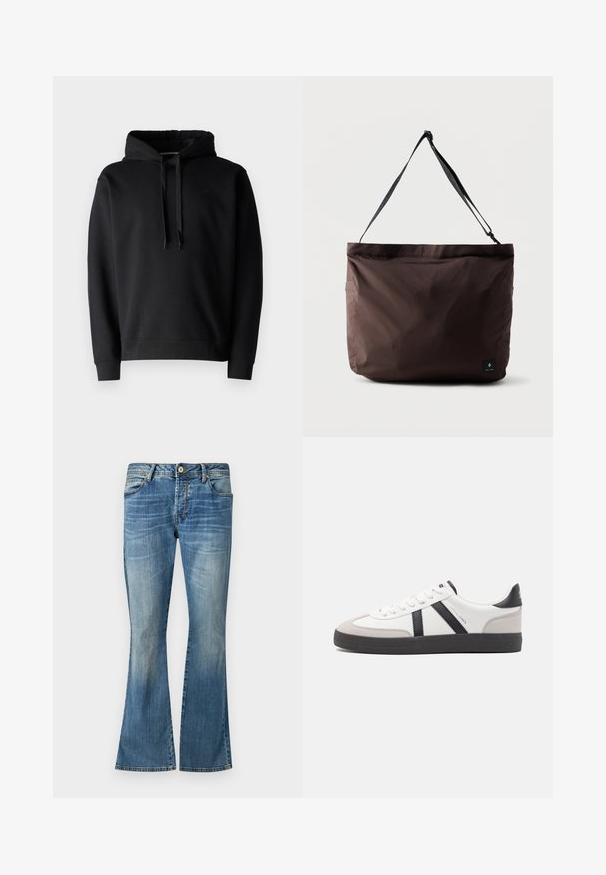 Zwarte hooded sweatshirt gemaakt van zachte stof, met een kangoeroezak, ribgebreide manchetten en een verstelbaar trekkoord in de capuchon.; Blauwe flared jeans van denim met een vervaagde was. Beschikken over vijf riemlussen, een knoopsluiting en klassieke stiksels.; Witte sneaker met zwarte en grijze accenten, voorzien van een grijze neus met textuur, zwarte rubberen zool en platte witte veters. Schoon ontwerp, minimalistische stijl.; Bruine stoffen draagtas met een gladde textuur, verstelbare zwarte schouderriem en zijvak. Bevat een klein logotag aan de voorkant.