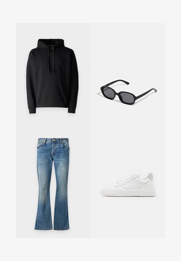 Zwarte hooded sweatshirt gemaakt van zachte stof, met een kangoeroezak, ribgebreide manchetten en een verstelbaar trekkoord in de capuchon.; Blauwe flared jeans van denim met een vervaagde was. Beschikken over vijf riemlussen, een knoopsluiting en klassieke stiksels.; Witte leren sneakers met een gladde afwerking, ronde neus, platte veters en een gestructureerde zool. Grijze suède accent bij de hiel.; Zign Zonnebril - black