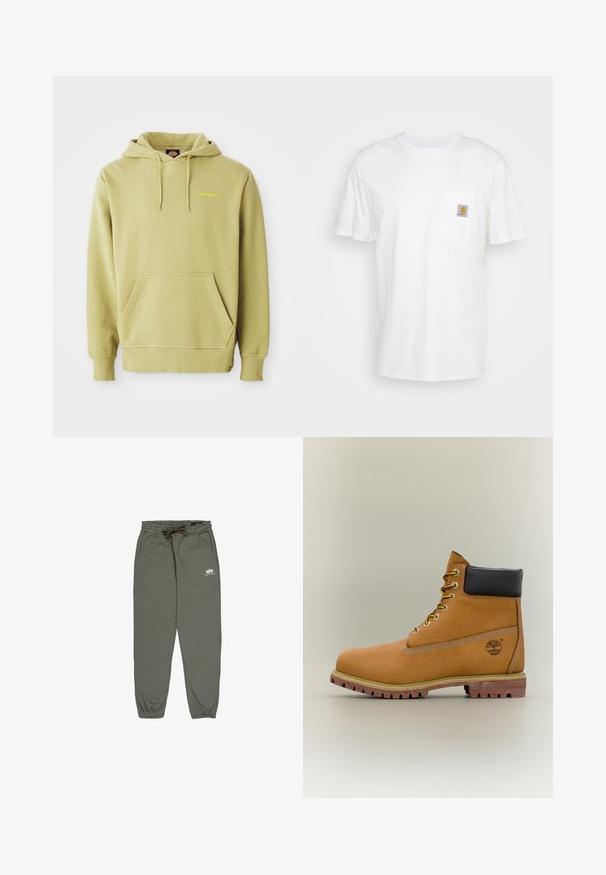 Heled roheline kapuutsiga sviiter, millel on tasku, paelad, soonikuga varrukad ja väike kollane "Dickies" logo rinnal.; Valge puuvillane t-särk lühikeste varrukatega, rindade taskuga ja taskul väike ruudukujuline logo kleebis oranžis ja valges.; Rohelised jogger-püksid pehmest kangast, elastse vöökoha ja reguleeritava nööriga, küljetaskutega ning reiel väikese valge logoga.; Pruun nahast pahkluu saabas musta kraega, kollaste paelte ja beežide tallaga. Omab logo ja valge õmbluse detaile. Tugeva haardega välistald.