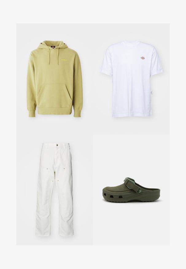 Sweat à capuche vert clair avec poche kangourou, cordons de serrage, poignets côtelés et petit logo "Dickies" jaune sur la poitrine.; T-shirt en coton blanc avec un col en V et des manches courtes. Présente un petit logo coloré brodé sur la poitrine gauche. Texture douce.; Pantalons cargo en coton blanc avec une coupe décontractée. Les caractéristiques incluent des poches avant, des accents en métal doré et des sections de genoux renforcées.; Sabot en caoutchouc vert avec sangle réglable et trous de ventilation. Texture lisse, bout arrondi, et semelle surélevée pour le confort.