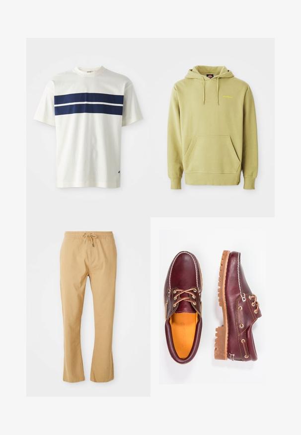 Svetlozelená mikina s kapucňou, má kengurskú kapsu, šnúrky, rebrované manžety a malé žlté logo "Dickies" na hrudi.; Biela bavlnená tričko s horizontálnym dizajnom námorníckej modrej pruhy a užším bielym pruhom nižšie, krátke rukávy a okrúhly výstrih.; Béžové, ľahké nohavice s elastickým pásom, rovný strih a bočnými vreckami. Hladká textura s minimálnymi stehmi.; Bordové kožené topánky s hnedými gumovými podrážkami, okrúhlou špičkou, bielym prešívaním a zlatými kovaniami. Interiér má žlté podšívku.