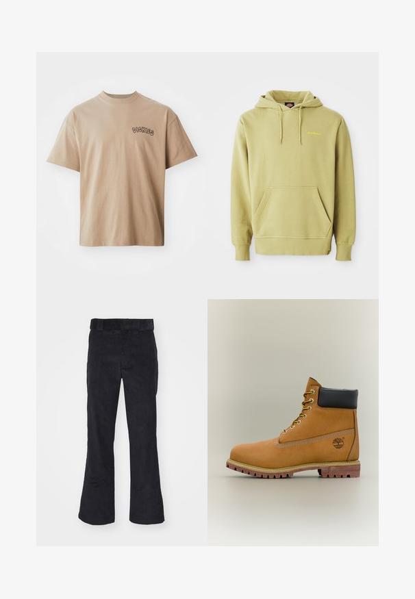 Heled roheline kapuutsiga sviiter, millel on tasku, paelad, soonikuga varrukad ja väike kollane "Dickies" logo rinnal.; Beež puuvillane T-särk lühikeste varrukatega ja ümmarguse kaelusega. Vasakul rinnal musta värviga trükitud "DICKIES". Klassikalise lõikega ja siledapinnaline.; Mustad venitatud mustad teksapüksid, millel on mugav lõige, klassikaline talje ja laienevad säärised, pehme tekstuur ja ilma nähtavate mustrite või aktsentideta.; Pruun nahast pahkluu saabas musta kraega, kollaste paelte ja beežide tallaga. Omab logo ja valge õmbluse detaile. Tugeva haardega välistald.