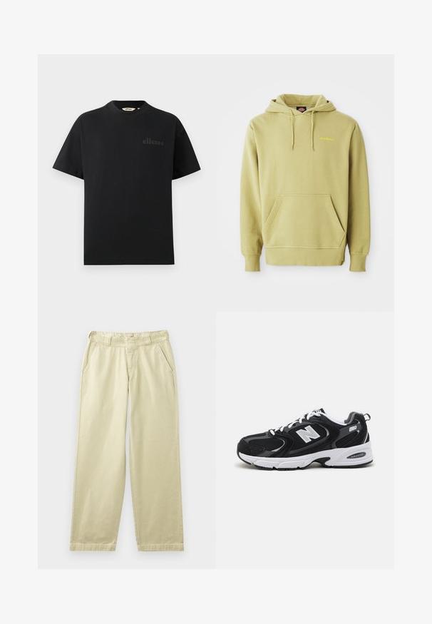 Svetlozelená mikina s kapucňou, má kengurskú kapsu, šnúrky, rebrované manžety a malé žlté logo "Dickies" na hrudi.; Čierne bavlnené tričko so štandardným okrúhlym výstrihom a krátkymi rukávmi. Na hrudi má jemne vyrazené logo.; Béžové bavlnené nohavice s voľným strihom, vybavené bočnými vreckami, pútkami na opasok a rovnými nohavicami. Hladká textúra s minimálnymi detailmi švov.; Čierne a šedé športové topánky s hornou časťou z mikrovlákna a zamatu, s bielou medzipodrážkou, šnúrkami a výrazným logom "N" na boku.