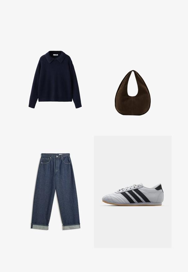 Marineblauer, gestrickter Pullover mit langen Ärmeln, weitem, spitz zulaufendem Kragen und lockerem Schnitt vor weißem Hintergrund.; Dunkelblaue, weit geschnittene Jeans aus Denim mit umgeschlagenen Säumen, vorderem Knopf und Reißverschluss, Gürtelschlaufen und fünf Taschen.; Graue Sportschuhe mit einer glatten Lederoberfläche, ausgestattet mit drei schwarzen Streifen, einer abgerundeten Zehenpartie und einer Sohle aus Gummi.; Dunkelbraune Wildleder-Handtasche in Halbmondform mit einem breiten Riemen und glatter Textur vor weißem Hintergrund.