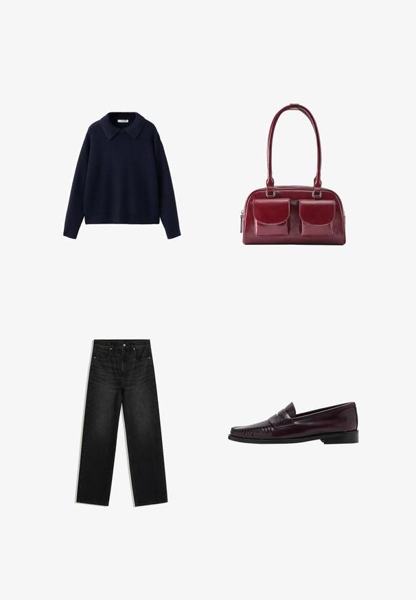 Marineblauer, gestrickter Pullover mit langen Ärmeln, weitem, spitz zulaufendem Kragen und lockerem Schnitt vor weißem Hintergrund.; Schwarze Jeans mit geradem Bein, Vordertaschen, Gürtelschlaufen und Knopfverschluss, vor weißem Hintergrund gezeigt.; Dunkelbraune Herrenleder-Pennyloafers mit schwarzer Sohle und Steppdetails entlang der Spitze, im Seitenprofil gezeigt.; Dunkelrote Lederhandtasche mit zwei vorderen Klappentaschen und langen Schulterriemen, gezeigt auf weißem Hintergrund.