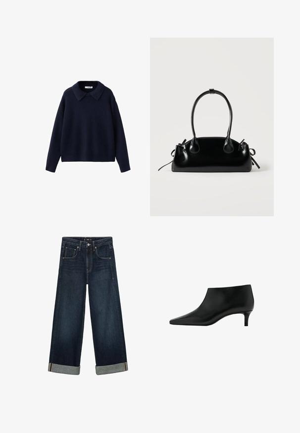 Marineblå strikket langærmet sweater med en bred, spids krave og en afslappet pasform på en hvid baggrund.; Mørkeblå denimjeans med bred bendesign, der har opsmøgede ben, fem lommer og knaplukning. Tydelige stikningsdetaljer.; Sort læderankelstøvle med spids tå og lavt kittenhæl, designet til elegant og formelt brug.; Lille sort blank håndtaske med to lange håndtag og snøre-detaljer i siden på en ensfarvet lys baggrund.