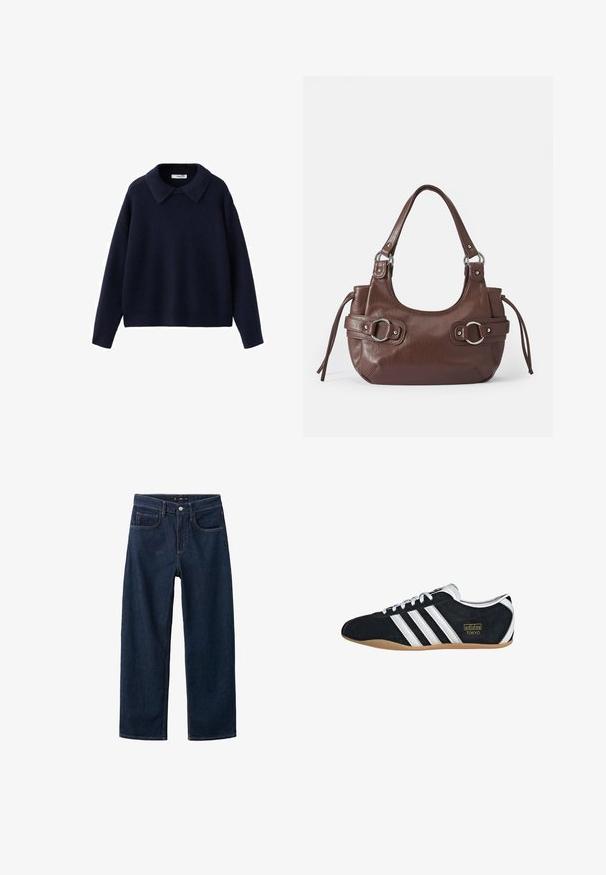 Marineblauwe gebreide trui met lange mouwen, een brede, puntige kraag en een losse pasvorm, tegen een witte achtergrond.; Donkerblauwe denim broek met een rechte pijp, voorzien van een klassieke vijf-pocket stijl, zichtbare stiksels en een knoopsluiting bij de taille.; Zwarte suède sneaker met witte drie strepen, gouden logo en een bruine rubberen zool. Heeft een laag profiel vetersluiting ontwerp.; Bruine leren handtas met ronde vorm, zilveren hardware, twee zijriemen en een gladde textuur. Beschikt over een enkele handgreep aan de bovenkant.