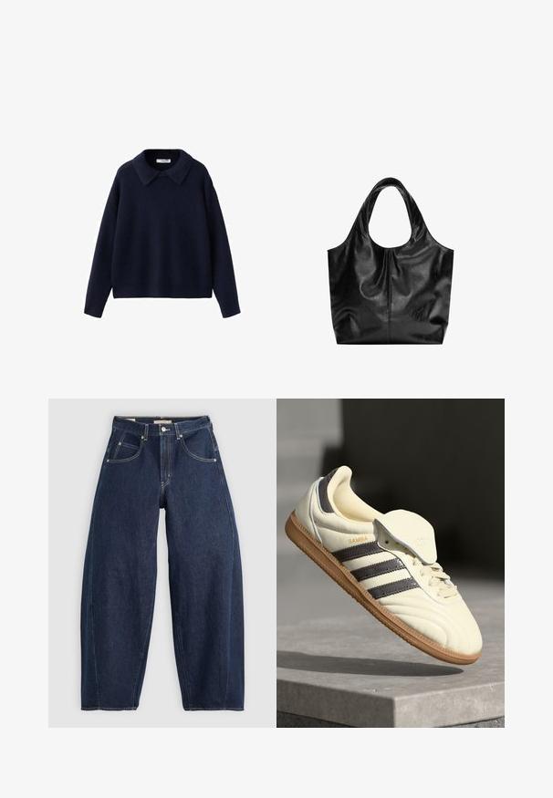 Marineblå strikket langærmet sweater med en bred, spids krave og en afslappet pasform på en hvid baggrund.; Mørkeblå denim jeans med løs pasform, lyse syninger, fem lommer og en knaplukning ved taljen.; Cremefarvede lædersneakers med tre mørke striber, en brun gummisål og en afrundet tå. Har en foldbar tunge mærket "SAMBA."; Sort læder tote taske med en glat overflade, en blød, afrundet top og brede håndtag. Har minimal syning og en afslappet silhuet.