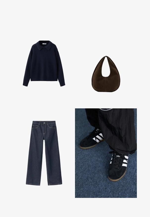 Marineblauwe gebreide trui met lange mouwen, een brede, puntige kraag en een losse pasvorm, tegen een witte achtergrond.; Donkerblauwe denim wijde pijpen met een hoge taille, zichtbare stiksels, twee voorzakken en een knoopsluiting bij de tailleband.; Zwarte suède sportschoenen met drie witte strepen en zwarte veters. Een gestructureerde zwarte broek is deels zichtbaar naast de schoenen.; Donkerbruine suède handtas in halve maanvorm met een enkele brede riem en een gladde textuur op een witte achtergrond.